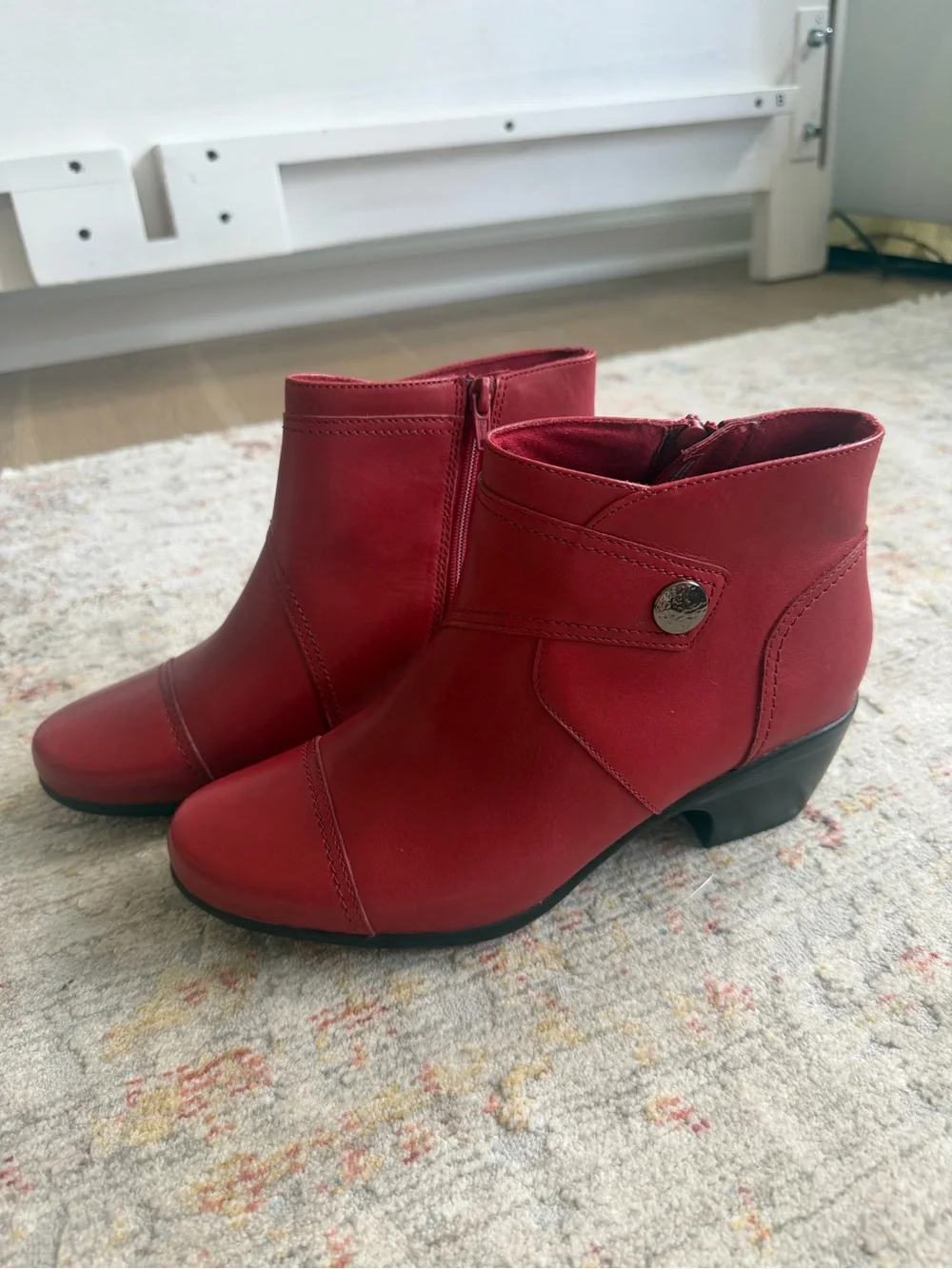 Clarks Red Leather Ankle Booties with Side Zip, size 8